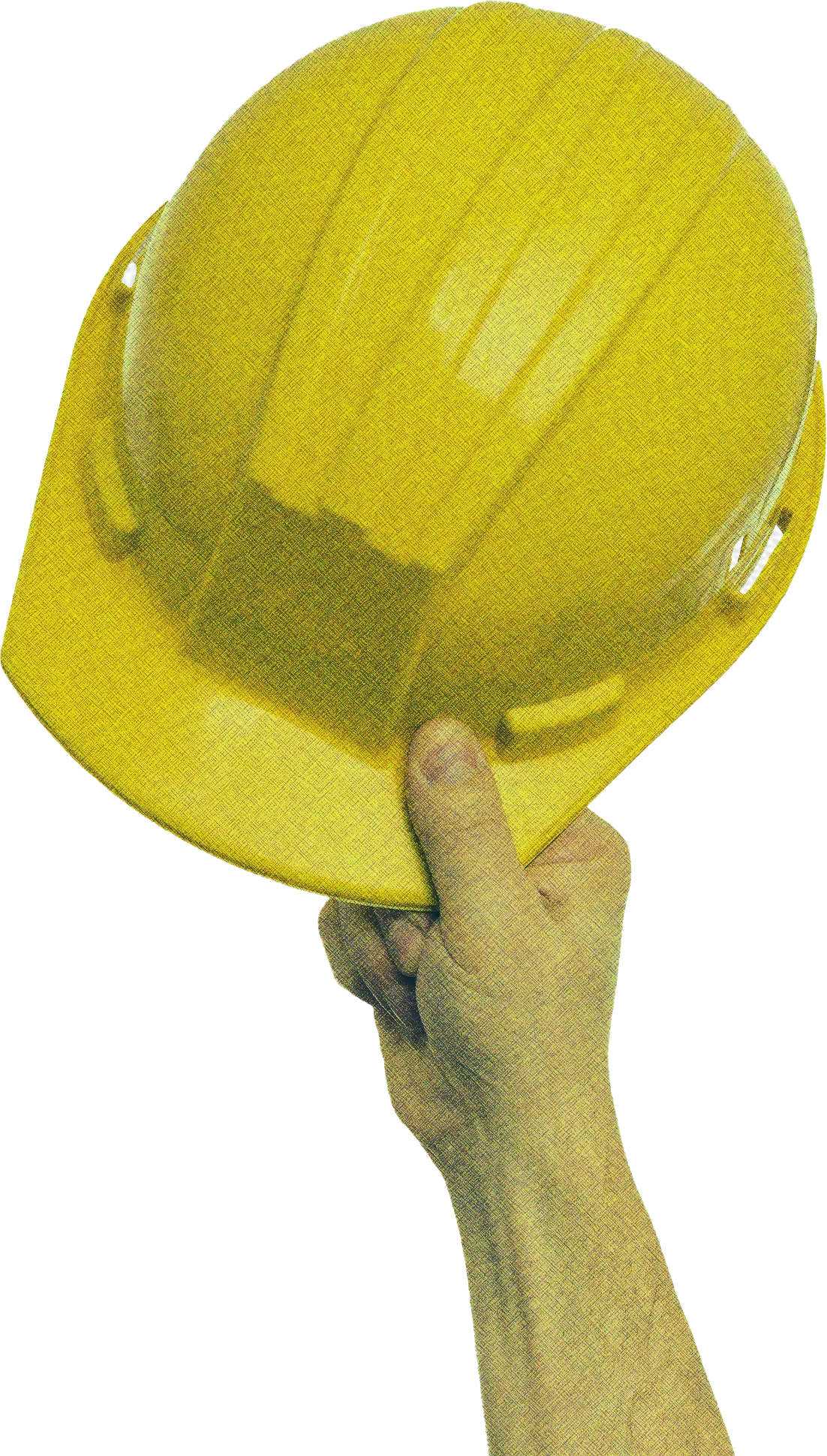 Consulenti Alfaraee al tuo fianco per cantieri sicuri e sgomberi industriali a norma Mano che solleva un casco giallo da cantiere, simbolo di sicurezza e professionalità